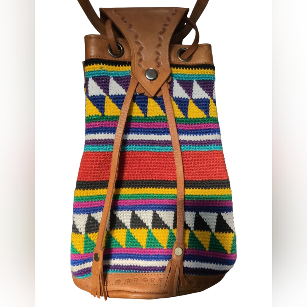 Vintage Loomed Aztec Tapestry Barrel Handbag Purse, Leather Details, Drawstring